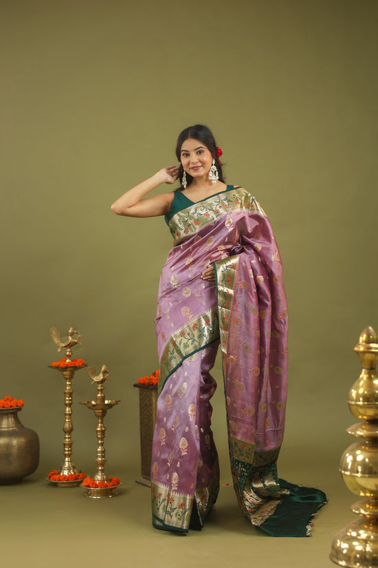 Lavender-Green Banarasi Dupion Silk Saree with Zari & Floral Motifs