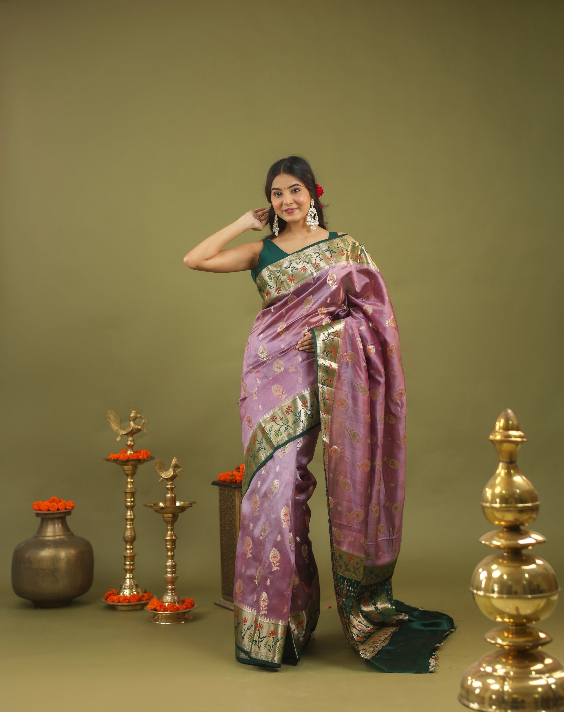 Lavender-Green Banarasi Dupion Silk Saree with Zari & Floral Motifs