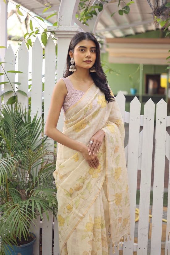 Tissue Linen Saree with Hand-Painted Florals & Delicate Aari Work- white/yellow